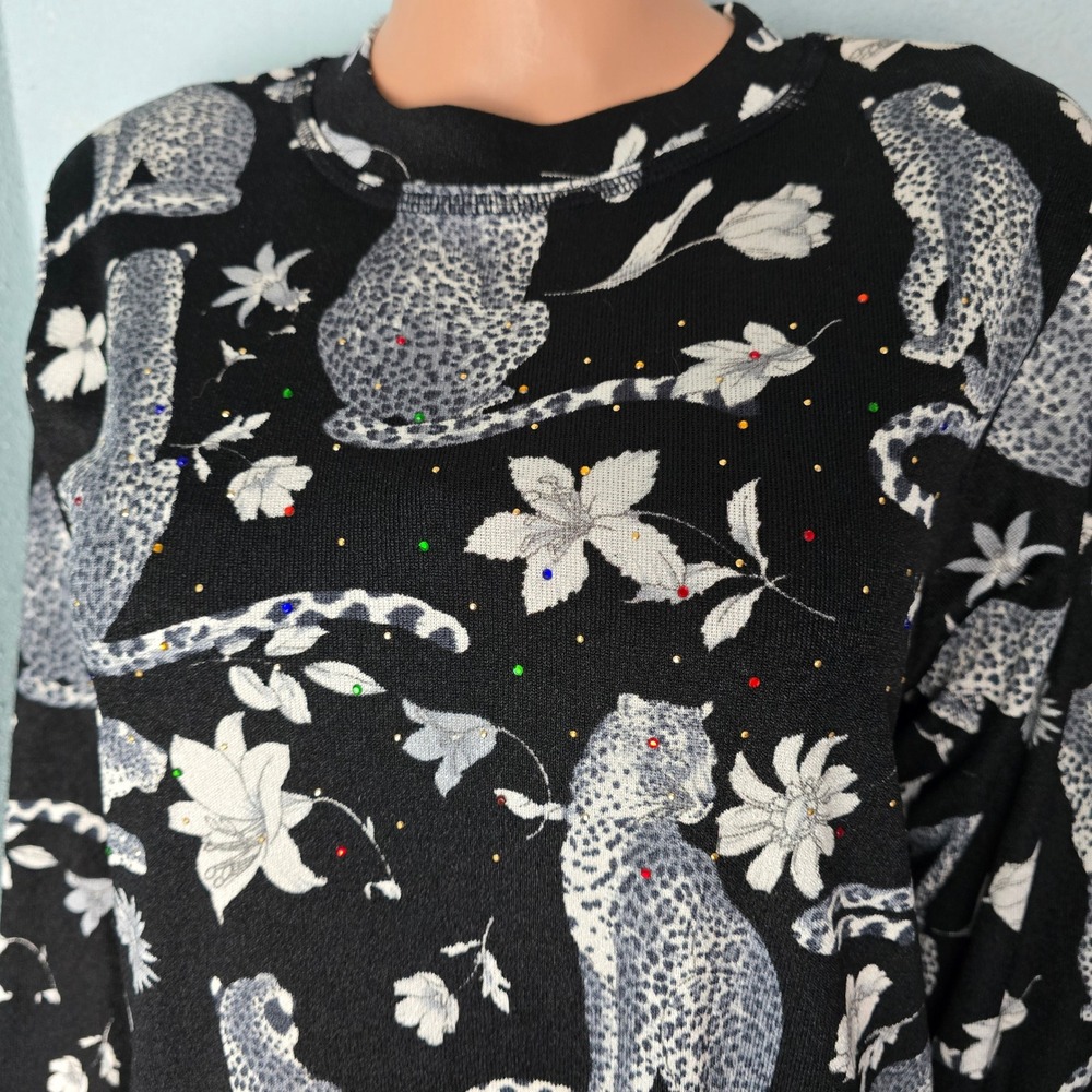 Vintage Soir de Akiko Leopard Floral Rhinestone Top Japanese Maximalist M/L - Picture 8 of 10